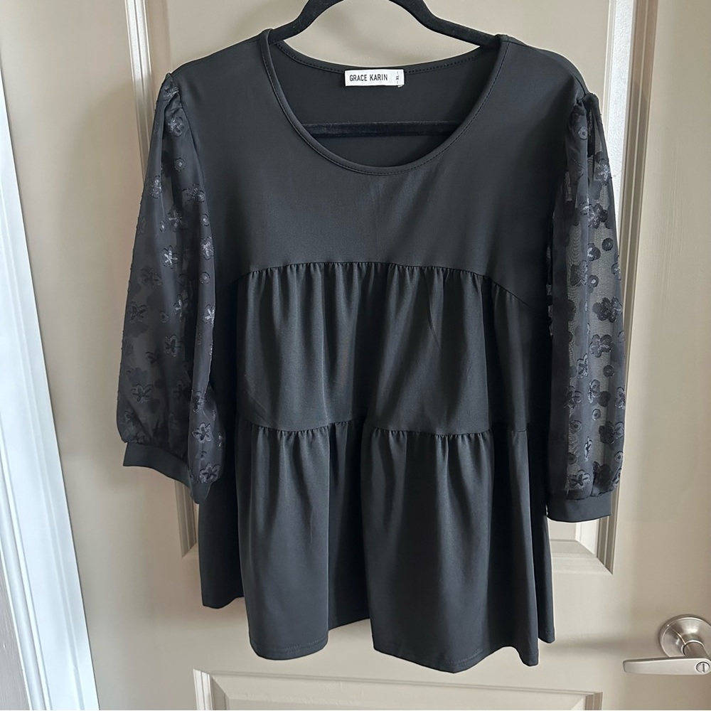 Black Ruffle Babydoll Tunic with Lace Sleeves